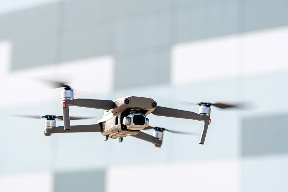 Drone en vol à proximité d'un bâtiment